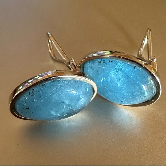 ILLUMINATING ESTATE TAMBETTI 14K BEZELED CABOCHON AQUAMARINE CLIP ON EARRINGS - Picture 1 of 12